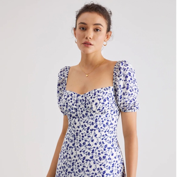 Commense Short Puff Sleeve Floral Tie Neck Midi XS Dress NWT - Picture 3 of 5